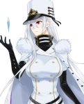  1girl absurdres azur_lane black_gloves breasts cape coat coat_dress double-breasted english_commentary eyebrows_visible_through_hair fur-trimmed_cape fur-trimmed_coat fur_trim gem gloves hair_between_eyes hat high_collar highres jacket_on_shoulders large_breasts looking_to_the_side military military_hat military_uniform mole mole_under_eye parted_lips red_eyes sovetskaya_rossiya_(azur_lane) suprii uniform white_coat white_headwear 