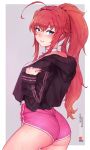  1girl absurdres ahoge ass back bluefield blush breasts grin hair_between_eyes high_school_dxd highres hood hooded_jacket jacket long_hair looking_at_viewer ponytail redhead rias_gremory shorts sleeves_past_wrists smile solo sweat very_long_hair 