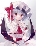  1girl back_bow bat_wings bow brooch commentary_request dress fingernails frilled_sleeves frills grey_background hand_up hat hat_bow highres jewelry lavender_hair long_fingernails looking_at_viewer mob_cap petals puffy_short_sleeves puffy_sleeves red_bow red_eyes red_nails red_neckwear remilia_scarlet short_hair short_sleeves solo touhou upper_body white_dress white_headwear wings wrist_cuffs yukia_(yukia_777) 