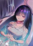  1girl bangs bathtub black_hair blood dress flower flower_necklace hair_over_one_eye hands_clasped highres jewelry lying necklace original own_hands_together petals petals_on_liquid pill sakidoro shower_curtain solo violet_eyes water white_dress 