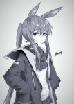  1girl alma01 amiya_(arknights) animal_ears arknights ascot black_jacket expressionless frilled_ascot frills hands_in_pockets hood hooded_jacket jacket long_hair looking_at_viewer monochrome open_clothes open_jacket ponytail rabbit_ears sidelocks sketch skirt solo 