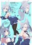  1girl animal_ears blue_eyes boots breasts dress eyebrows_visible_through_hair fox_ears fox_tail fur_trim gloves grey_hair hair_ornament highres looking_at_viewer multiple_views one_eye_closed original pantyhose sideboob tail thick_eyebrows tongue tongue_out translation_request yum_shishi 