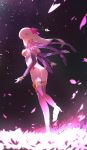  1girl absurdres armor ass back bangs bikini_armor breasts closed_mouth detached_sleeves dress earrings fate/grand_order fate_(series) field flower flower_field hair_ribbon highres jewelry kama_(fate/grand_order) kuronoiparoma large_breasts legs long_hair looking_at_viewer looking_back lotus night night_sky petals pink_ribbon purple_dress purple_legwear purple_sleeves red_eyes ribbon sandals silver_hair sky solo star_(sky) starry_sky thigh-highs thigh_strap thighlet 