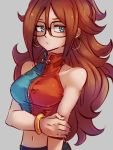  1girl adapted_costume android_21 bare_arms blue_eyes bracelet closed_mouth dragon_ball dragon_ball_fighterz earrings glasses grey_background hair_between_eyes hoop_earrings jewelry kemachiku long_hair looking_to_the_side midriff navel redhead simple_background sleeveless solo 