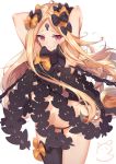  1girl abigail_williams_(fate/grand_order) arched_back armpits arms_behind_head arms_up ass_visible_through_thighs bangs black_bow black_legwear black_panties blonde_hair blush bow breasts closed_mouth fate/grand_order fate_(series) groin highres keyhole long_hair nahaki orange_bow panties parted_bangs polka_dot polka_dot_background red_eyes revealing_clothes signature simple_background single_thighhigh smile solo thigh-highs underwear very_long_hair white_background 