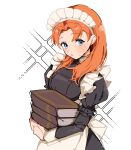  1girl annette_fantine_dominic blue_eyes book fire_emblem fire_emblem:_three_houses holding long_sleeves maid maid_headdress open_mouth orange_hair simple_background siso220 solo white_background 