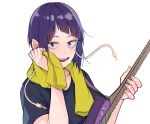  1girl bangs black_shirt blue_eyes blush boku_no_hero_academia breasts commentary_request guitar highres holding holding_instrument instrument jirou_kyouka kobaji looking_at_viewer open_mouth purple_hair shirt short_hair short_sleeves simple_background smile solo white_background 