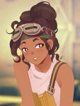  1girl brown_eyes brown_hair dark_skin goggles hair_bun hairband highres louis_lloyd-judson open_mouth overalls parvati_holcomb shirt smile solo strap tank_top the_outer_worlds white_shirt 