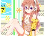  1girl :q bangs bare_legs barefoot blush brown_hair camisole closed_mouth commentary_request deyui english_text eyebrows_visible_through_hair feet_out_of_frame glasses gochuumon_wa_usagi_desu_ka? hair_between_eyes headphones hood hood_down hooded_jacket hoto_mocha jacket knees_up long_hair off_shoulder open_clothes open_jacket red-framed_eyewear short_shorts short_sleeves shorts sitting smile solo striped striped_camisole tongue tongue_out very_long_hair violet_eyes white_camisole white_shorts yellow_jacket 
