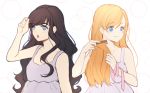  2girls applying_makeup bangs black_hair blonde_hair blue_eyes comb combing dress eyebrows_visible_through_hair final_fantasy final_fantasy_xiv gaia_(ff14) hair_brushing highres holding_comb long_hair lyra-kotto mascara_wand multiple_girls ribbon ryne simple_background smile swept_bangs upper_body 