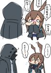  1girl 1other ? amiya_(arknights) animal_ears arknights black_legwear blush_stickers brown_hair doctor_(arknights) flying_sweatdrops hair_between_eyes highres hood hooded_jacket jacket long_hair mask pleated_skirt rabbit_ears ro_(aahnn) skirt tears translated 