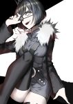  1girl absurdres adjusting_eyepatch black_clover black_dress black_hair black_jacket black_legwear breasts commentary_request crazy_smile crown dress eyepatch frit_2 fur-trimmed_jacket fur_trim grey_eyes highres jacket looking_at_viewer medium_breasts open_clothes open_jacket short_dress short_hair sitting smile solo spade_(shape) thigh-highs vanica 