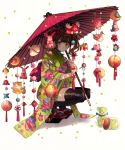  1girl bangs black_legwear blunt_bangs brown_hair candy closed_mouth commentary_request earrings floral_print flower food full_body furisode green_eyes hair_flower hair_ornament highres hinamatsuri holding holding_umbrella japanese_clothes jar jewelry kimono konpeitou looking_at_viewer oriental_umbrella original print_kimono short_twintails solo squatting stuffed_animal stuffed_bunny stuffed_cat stuffed_dog stuffed_toy teddy_bear thigh-highs torino_enaga twintails umbrella white_background zouri 