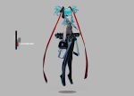  1girl 39 alternate_hairstyle blue_eyes blue_hair blue_nails blue_neckwear character_name detached_sleeves fingernails floating floating_hair grey_background hair_between_eyes hatsune_miku highres long_fingernails medium_hair necktie seimannu simple_background solo vocaloid 