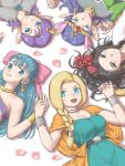  5girls :d arinsu_(kodamamaimai) bella_(dq5) bianca black_hair blonde_hair blue_eyes blue_hair blush bow bracelet breasts cape commentary_request deborah dragon_quest dragon_quest_v earrings flora flower grey_eyes hair_bow hair_flower hair_ornament holding_hands hoop_earrings jewelry long_hair looking_at_viewer lying medium_breasts multiple_girls nail_polish on_back open_mouth orange_cape petals pink_bow pointy_ears powan purple_hair red_flower red_nails red_rose rose smile 