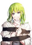  1boy androgynous aqua_eyes bangs covering_mouth ede enkidu_(fate/strange_fake) fate/grand_order fate_(series) green_hair hand_over_own_mouth highres long_sleeves looking_at_viewer male_focus multicolored multicolored_eyes parted_lips restrained robe simple_background smile solo upper_body violet_eyes white_background white_robe 