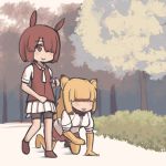  2girls :&gt; :3 all_fours arai-san_mansion black_shorts blonde_hair brown_eyes brown_footwear brown_hair brown_shirt bush carnivore_(kemono_friends)_(abubu) collar commentary_request day elbow_gloves gloves hair_over_eyes hair_over_one_eye herbivore_(kemono_friends)_(abubu) holding_leash kemono_friends leash long_hair multiple_girls open_mouth outdoors path pet_play pleated_shirt puffy_short_sleeves puffy_sleeves shirt shoes short_hair short_sleeves shorts shorts_under_skirt skirt thigh-highs tree uiou walking white_skirt yellow_gloves yellow_legwear 