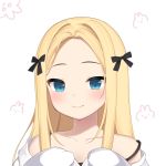  1girl abigail_williams_(fate/grand_order) artist_request bangs bare_shoulders black_ribbon blonde_hair blue_eyes collarbone commentary_request face fate_(series) hair_ribbon long_hair looking_at_viewer parted_bangs ribbon sleeves_past_fingers sleeves_past_wrists smile solo 