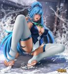  1girl aqua_(konosuba) ass bangs blue_eyes blue_hair blurry blurry_background blush breasts dutch_angle kono_subarashii_sekai_ni_shukufuku_wo! large_breasts lips long_hair looking_at_viewer nefrubi parted_lips sitting sleeveless solo spread_legs thigh-highs very_long_hair water 