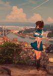  1girl blew_andwhite blouse blue_sailor_collar bridge brown_hair building city clouds crane_(machine) dark_skin dawn from_behind full_body guard_rail highres i-401_(kantai_collection) kantai_collection mountainous_horizon outdoors ponytail river sailor_collar school_uniform serafuku short_sleeves sidelocks solo third-party_edit white_blouse 