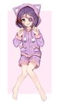  1girl animal_hood barefoot blush bow brown_eyes cat_hood drawstring eyepatch fang full_body hands_up hayasaka_mirei heart heart_eyepatch highres hood hood_up idolmaster idolmaster_cinderella_girls knees_together_feet_apart long_sleeves looking_at_viewer multicolored_hair open_mouth pink_background pom_pom_(clothes) purple_hair redhead shone shorts simple_background solo streaked_hair two-tone_hair 