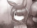  2girls :| arai-san_mansion bangs blurry carnivore_(kemono_friends)_(abubu) close-up closed_mouth commentary_request depth_of_field greyscale hair_over_one_eye herbivore_(kemono_friends)_(abubu) highres indoors kemono_friends monochrome multiple_girls necktie nullpotower short_hair 