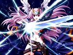  helmet highres long_hair pink_hair sword weapon wings 