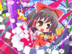  black_hair brown_eyes chibi danmaku gohei hair_ribbon hakurei_reimu japanese_clothes miko pac-man_eyes pacman_eyes ribbon ribbons short_hair smile solo suntail touhou 