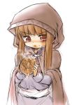 brown_hair cloak eating food food_on_face holo hood long_hair nisu pie red_eyes spice_and_wolf 