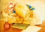  alchemist alchemist_(ragnarok_online) blonde_hair book flower glasses highres male ragnarok_online sitting sleeping table 
