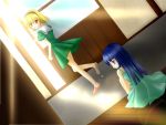  blue_eyes blue_hair door dress furude_rika hairband higurashi_no_naku_koro_ni houjou_satoko long_hair red_eyes sandals school_uniform short_hair sitting 