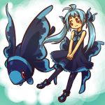  1girl blue_hair blush_stickers creature_and_personification fish gen_4_pokemon hitec lumineon pantyhose personification pokemon pokemon_(creature) pokemon_(game) pokemon_dppt red_eyes sleeveless smile twintails 