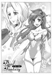  breasts bridal_gauntlets elbow_gloves erect_nipples final_fantasy final_fantasy_iv final_fantasy_iv_the_after gloves hair_ornament jewelry leotard monochrome multiple_girls open_mouth rosa_farrell rydia smile souchi thighs title_drop 