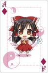  blush_stickers bow card card_(medium) chibi gohei hair_bow hakurei_reimu japanese_clothes large_bow long_hair lowres miko niwatoriya ofuda open_mouth orange_eyes playing_card smile standing touhou yin_yang 