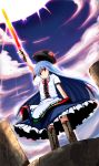  blue_hair favfavver2 food fruit hat hinanawi_tenshi long_hair peach ribbon sword sword_of_hisou touhou weapon 