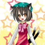  auauaua bad_id brown_hair cat_ears cat_tail chen earrings hat jewelry lowres multiple_tails orange_eyes solo star tail touhou 