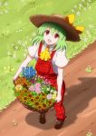  1girl adapted_costume ascot basket cross-laced_footwear daisy flower from_above grass green_hair hat hat_ribbon julius_yu kazami_yuuka looking_at_viewer looking_up open_mouth overalls path pigeon-toed plaid red_eyes ribbon road shadow short_hair solo straw_hat sunflower touhou 