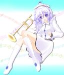  blue_eyes blue_hair hat instrument merlin_prismriver musical_note open_mouth shirotsuki_kouta smile solo touhou treble_clef trumpet 