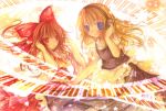  blonde_hair hakurei_reimu headphones instrument japanese_clothes kasuga_sunao kirisame_marisa long_hair miko piano ribbon ribbons touhou 