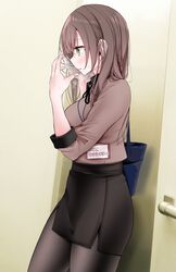  1girl bag black_legwear blush breasts brown_hair green_eyes handbag highres long_hair mask mouth_mask office_lady ol-chan_(oouso) oouso original pantyhose pencil_skirt skirt solo sweat 