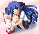  bell blue_hair bow cat_ears cat_pose furude_rika higurashi_no_naku_koro_ni long_hair lowres paw_pose shoes sitting socks tail translated 
