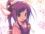  brown_eyes flower hair_accessory hair_ornament hairclip highres japanese_clothes kimono long_hair petals ponytail purple_hair ribbon ribbons smile 