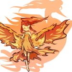  barefoot bird birds closed_eyes costume fiery_wings fire fire_hair hitec long_hair moemon moltres nintendo personification pokemon pokemon_(game) pokemon_rgby ponytail red red_hair redhead silhouette sleeveless solo wings 