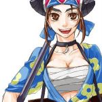  breasts brown_eyes brown_hair choker cleavage gensou_suikoden gensou_suikoden_v lowres lun oekaki smile solo suikoden suikoden_v 