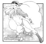  beret boots breasts christmas gift gloves greyscale hat long_hair midriff monochrome navel original panties qiqo solo underwear 
