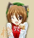  bad_id blush brown_hair cat_ears character_name chen earrings hat jewelry kaguyahime open_mouth paw_pose ribbon ribbons short_hair single_earring smile solo touhou wings wink 
