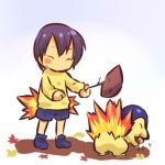  1boy blue_hair blush_stickers closed_eyes cooking cyndaquil eating fire food hitec leaf male moemon personification pokemon pokemon_(creature) pokemon_(game) pokemon_gsc shorts stick 