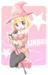  blonde_hair blush detached_sleeves emurin fantasy_earth_zero hat microphone microphone_stand pantyhose pink pink_background red_eyes short_hair witch_hat 