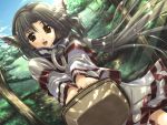  animal_ears basket brown_eyes brown_hair dutch_angle eruruw field floating_hair forest game_cg holding japanese_clothes leaf_(studio) looking_at_viewer nature official_art open_mouth sky solo tree utawareru_mono 