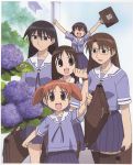  azumanga_daioh azumanga_daiou flower highres hydrangea kasuga_ayumu mihama_chiyo mizuhara_koyomi official_art sakaki scan school_uniform short_twintails snail summer_uniform takino_tomo thighhighs twintails 